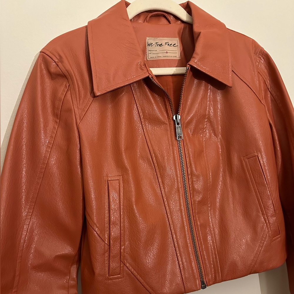 Free People Burnt Orange Cropped Faux Leather Jacket